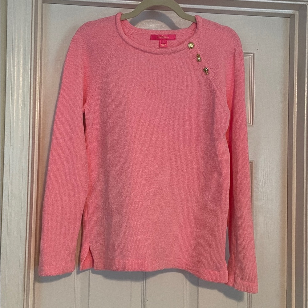 Lilly Pulitzer Pink Sweater with Sea Themed Gold Button Detail Medium